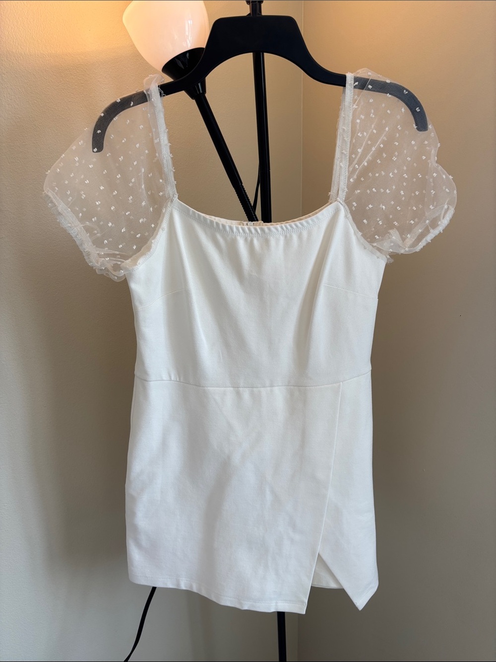 Altar'd State White Mini Dress with Sheer Puff Sleeves (Shorts Inside)